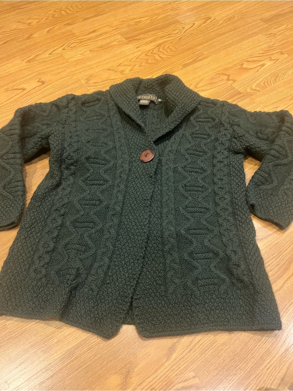 Vintage Inis Crafts Green Merino Wool Cable Knit Shawl Cardigan - M